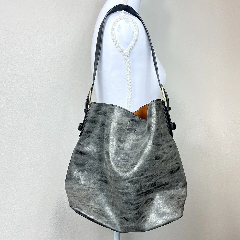 Joy Susan Classic Hobo Vegan Leather Handbag Metallic Platinum Slouchy Grunge
